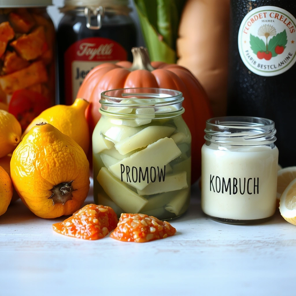 Culturas probióticas en frascos de vidrio con frutas fermentadas